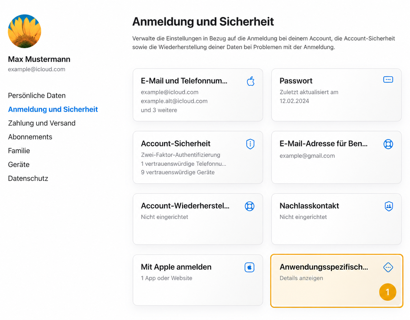 Anonymisierter Apple-Account-Bereich