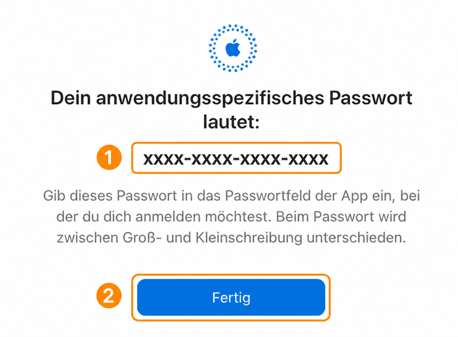 Fiktives App-Passwort und Fertig-Schaltfläche