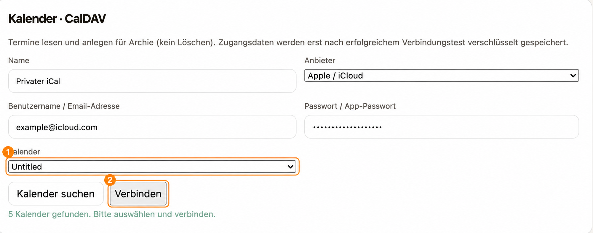 Markierte Kalenderauswahl und Verbinden-Schaltfläche