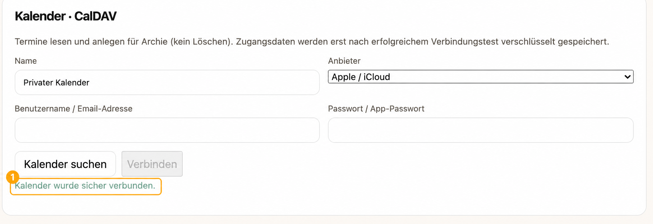 Markierte Erfolgsmeldung für die Kalenderverbindung