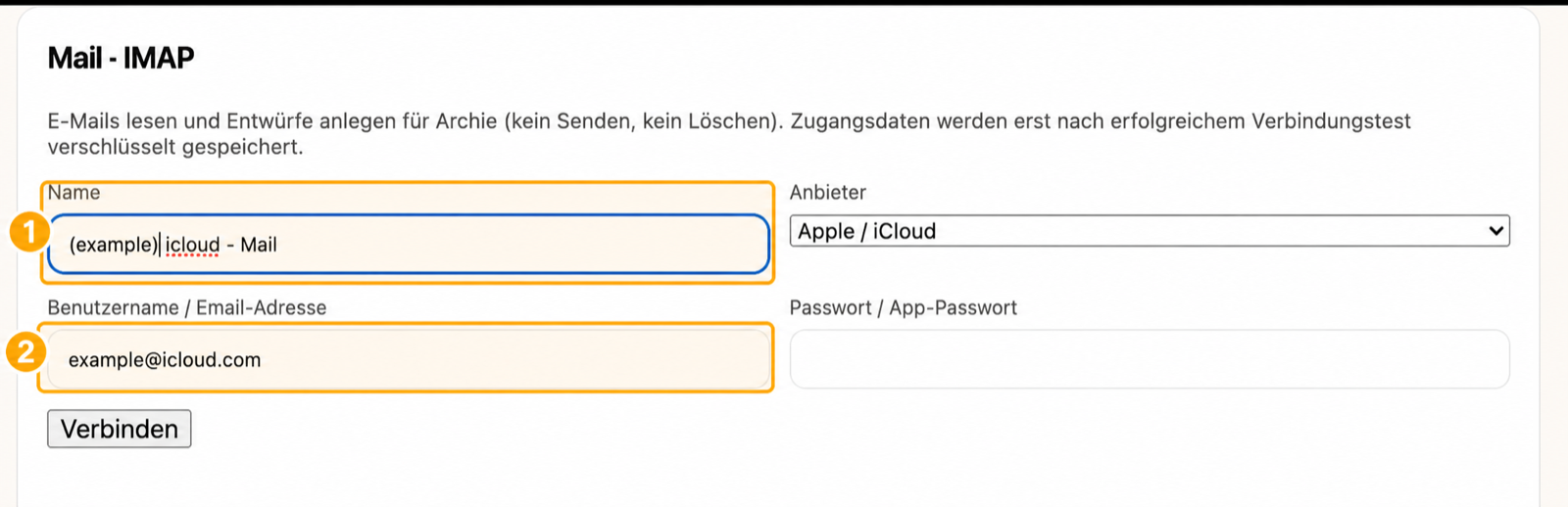 Markierte Felder für Name und E-Mail-Adresse