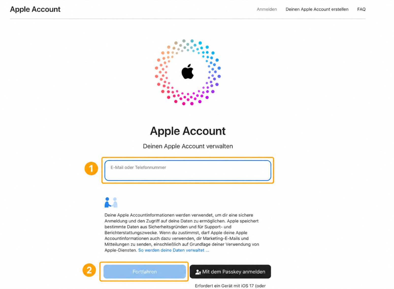 Markierte Anmeldung beim Apple Account