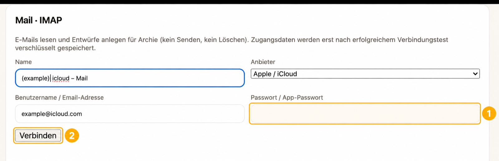 Markiertes App-Passwort-Feld und Verbinden-Schaltfläche